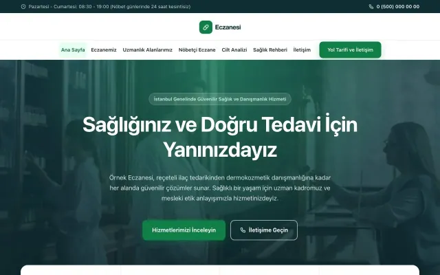Merkez Petrol Yeşil – Eczane Web Sitesi ana sayfa görünümü