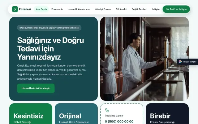 Eczane için Mozaik Petrol Yeşil – Eczane Web Sitesi ana sayfa görünümü