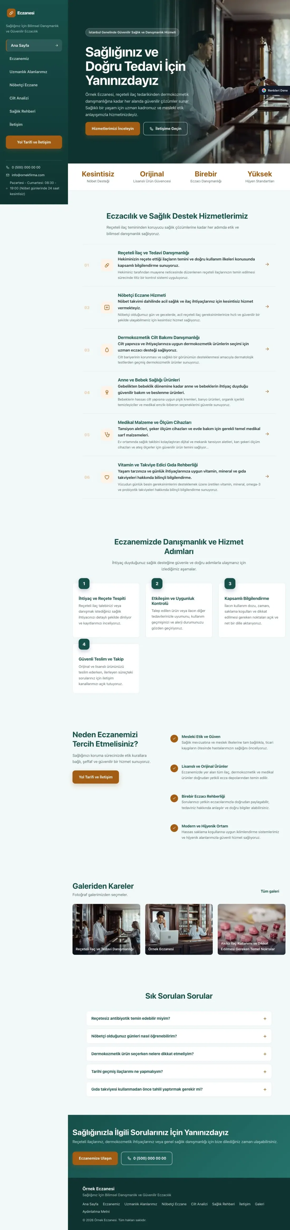 Eczane için Sol Menü Petrol Turuncu – Eczane Web Sitesi ana sayfa görünümü
