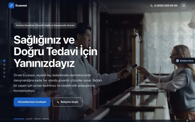 Eczane için Tam Ekran Petrol Mavi – Eczane Web Sitesi ana sayfa görünümü
