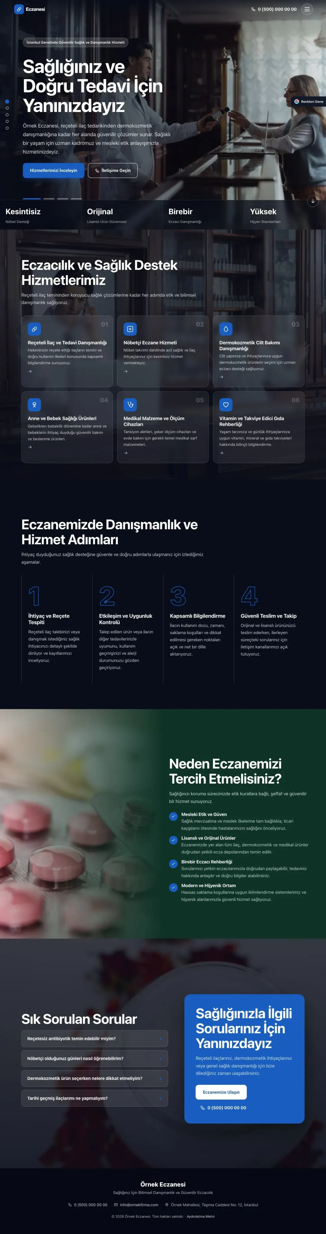 Eczane için Tam Ekran Petrol Mavi – Eczane Web Sitesi ana sayfa görünümü