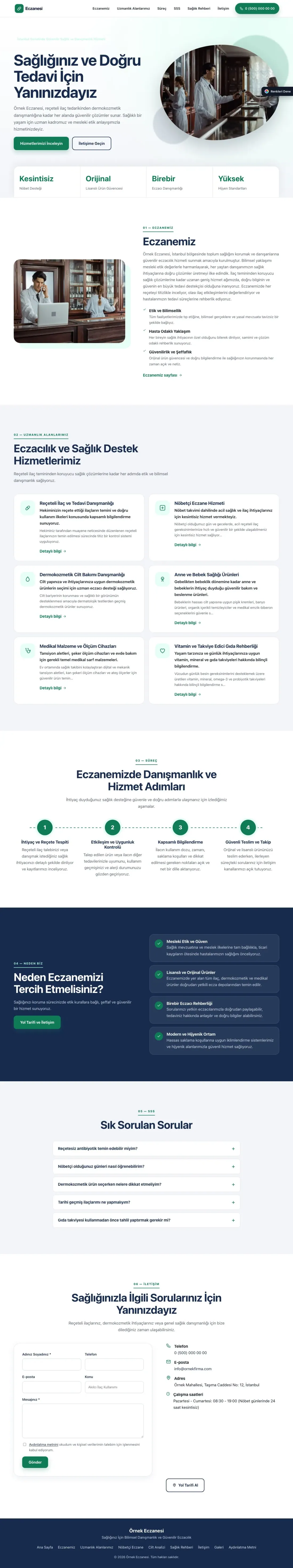 Eczane için Tek Sayfa Mavi Turkuaz – Eczane Web Sitesi ana sayfa görünümü