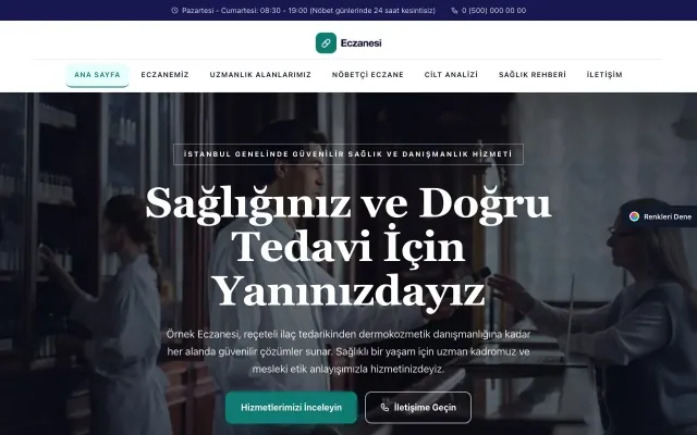 Eczane için Zigzag Lacivert Turkuaz – Eczane Web Sitesi ana sayfa görünümü