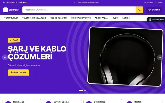 Elektronik için Kampanya Petrol Mor – Elektronik E-ticaret Sitesi ana sayfa görünümü
