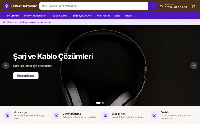 Elektronik için Market Kahve Mor – Elektronik E-ticaret Sitesi ana sayfa görünümü