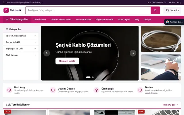 Elektronik için Pazar Yeri Mor Pembe – Elektronik E-ticaret Sitesi ana sayfa görünümü