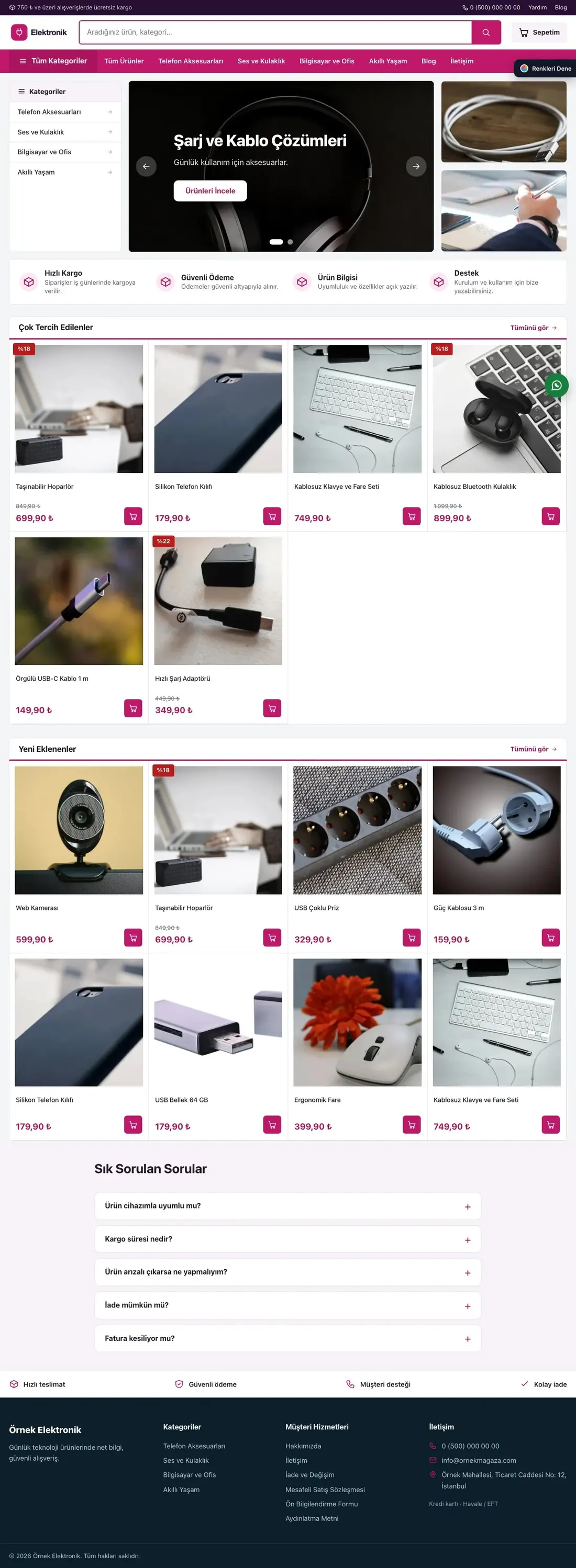 Elektronik için Pazar Yeri Mor Pembe – Elektronik E-ticaret Sitesi ana sayfa görünümü