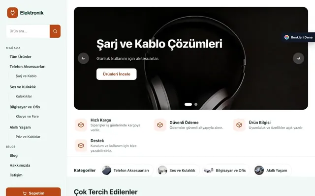 Elektronik için Yan Menü Petrol Turuncu – Elektronik E-ticaret Sitesi ana sayfa görünümü