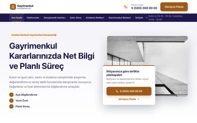 Bölünmüş Lacivert Turuncu – Emlak Danışmanlığı Web Sitesi ana sayfa görünümü