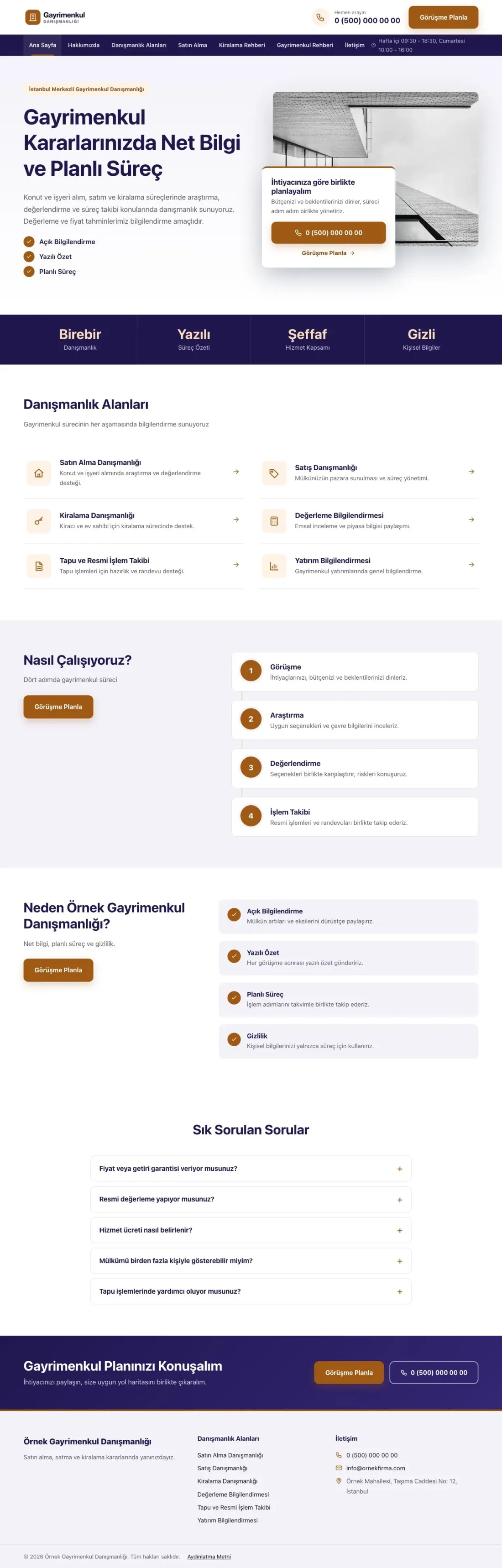 Bölünmüş Lacivert Turuncu – Emlak Danışmanlığı Web Sitesi ana sayfa görünümü