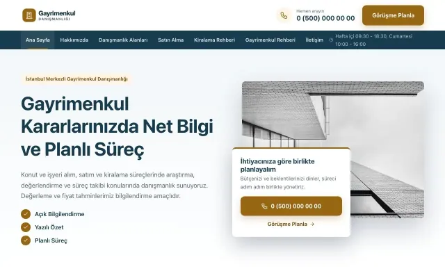 Bölünmüş Mavi Turuncu – Emlak Danışmanlığı Web Sitesi ana sayfa görünümü