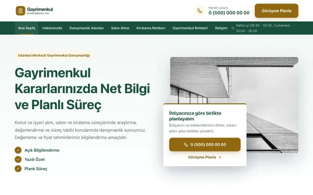 Bölünmüş Petrol Amber – Emlak Danışmanlığı Web Sitesi ana sayfa görünümü