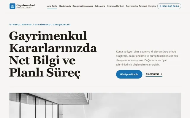 Editoryal Kahve Mavi – Emlak Danışmanlığı Web Sitesi ana sayfa görünümü