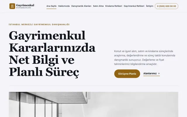 Editoryal Lacivert Turuncu – Emlak Danışmanlığı Web Sitesi ana sayfa görünümü