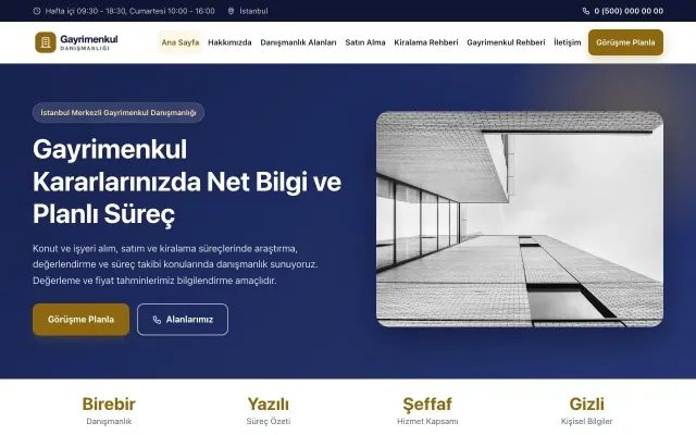 Klasik Lacivert Amber – Emlak Danışmanlığı Web Sitesi ana sayfa görünümü