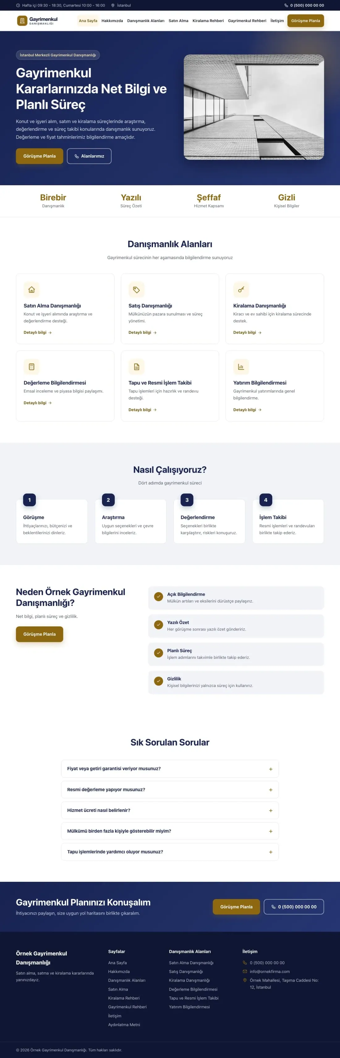 Klasik Lacivert Amber – Emlak Danışmanlığı Web Sitesi ana sayfa görünümü
