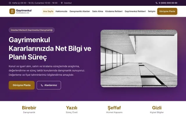 Klasik Mor Turuncu – Emlak Danışmanlığı Web Sitesi ana sayfa görünümü