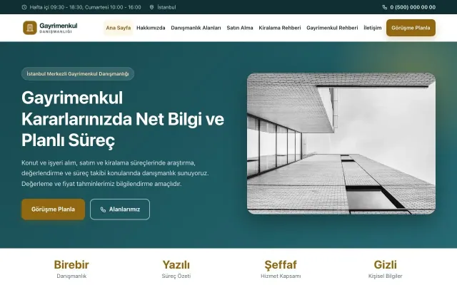Klasik Petrol Amber – Emlak Danışmanlığı Web Sitesi ana sayfa görünümü