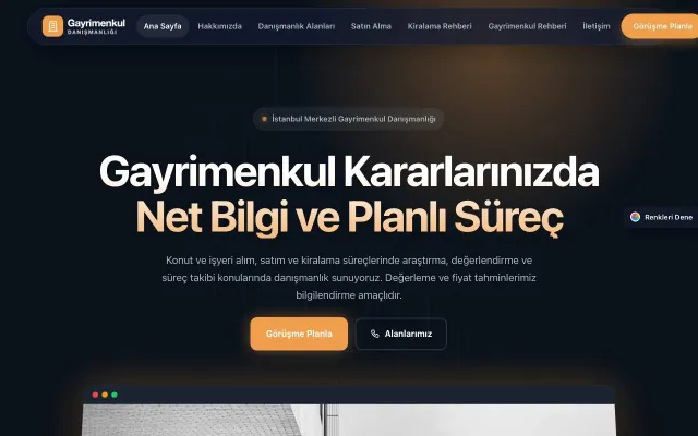 Emlak Danışmanlığı için Koyu Modern Mavi Turuncu – Emlak Danışmanlığı Web Sitesi ana sayfa görünümü