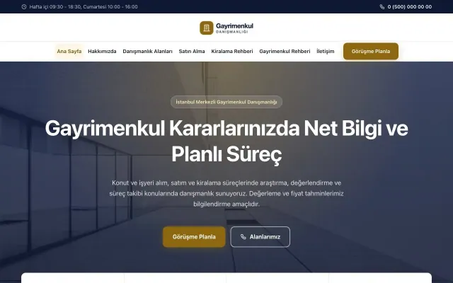 Merkez Lacivert Amber – Emlak Danışmanlığı Web Sitesi ana sayfa görünümü