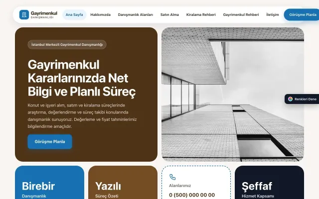 Emlak Danışmanlığı için Mozaik Kahve Mavi – Emlak Danışmanlığı Web Sitesi ana sayfa görünümü