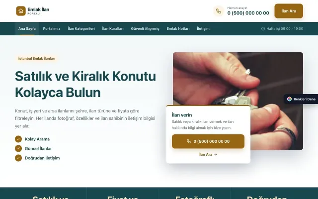 Emlak İlan Portalı için Bölünmüş Petrol Turuncu – Emlak İlan Portalı Web Sitesi ana sayfa görünümü