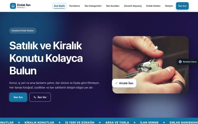 Emlak İlan Portalı için Hareketli Lacivert Mavi – Emlak İlan Portalı Web Sitesi ana sayfa görünümü