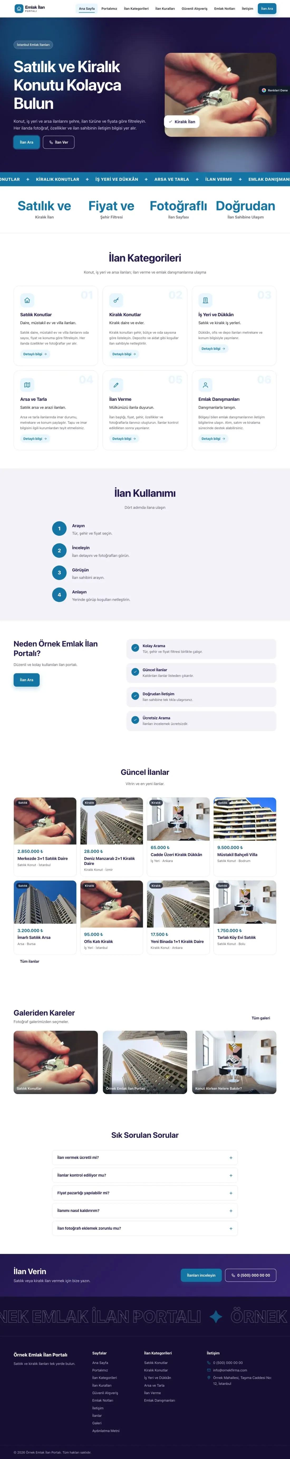 Emlak İlan Portalı için Hareketli Lacivert Mavi – Emlak İlan Portalı Web Sitesi ana sayfa görünümü