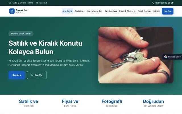 Emlak İlan Portalı için Klasik Petrol Mavi – Emlak İlan Portalı Web Sitesi ana sayfa görünümü