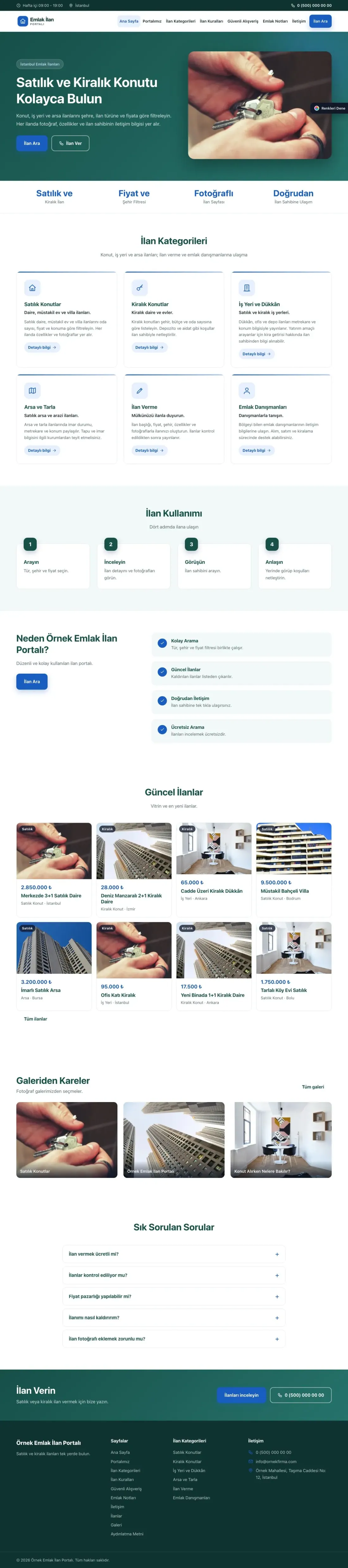 Emlak İlan Portalı için Klasik Petrol Mavi – Emlak İlan Portalı Web Sitesi ana sayfa görünümü
