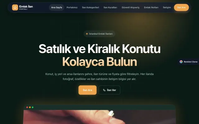 Emlak İlan Portalı için Koyu Modern Petrol Turuncu – Emlak İlan Portalı Web Sitesi ana sayfa görünümü