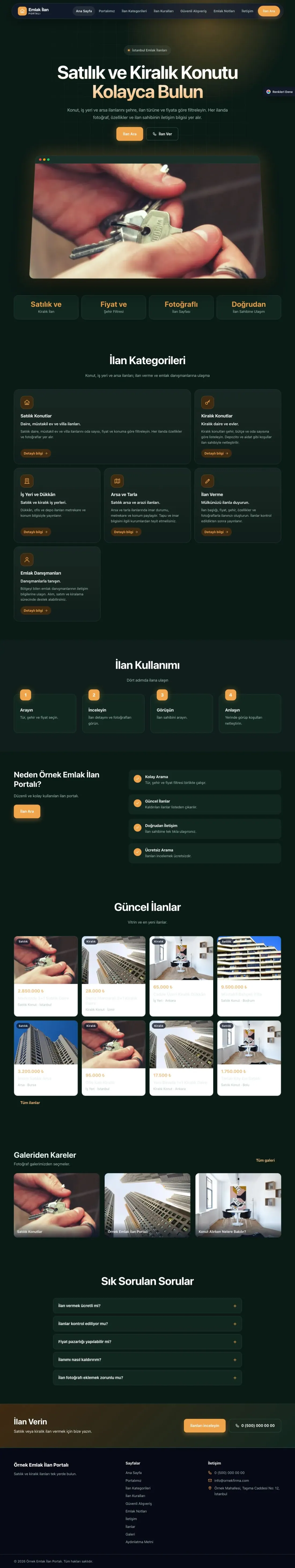 Emlak İlan Portalı için Koyu Modern Petrol Turuncu – Emlak İlan Portalı Web Sitesi ana sayfa görünümü