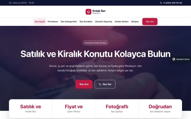 Emlak İlan Portalı için Merkez Lacivert Kırmızı – Emlak İlan Portalı Web Sitesi ana sayfa görünümü