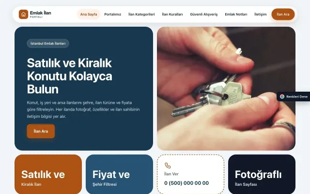 Emlak İlan Portalı için Mozaik Mavi Turuncu – Emlak İlan Portalı Web Sitesi ana sayfa görünümü