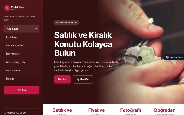 Emlak İlan Portalı için Sol Menü Bordo Kırmızı – Emlak İlan Portalı Web Sitesi ana sayfa görünümü