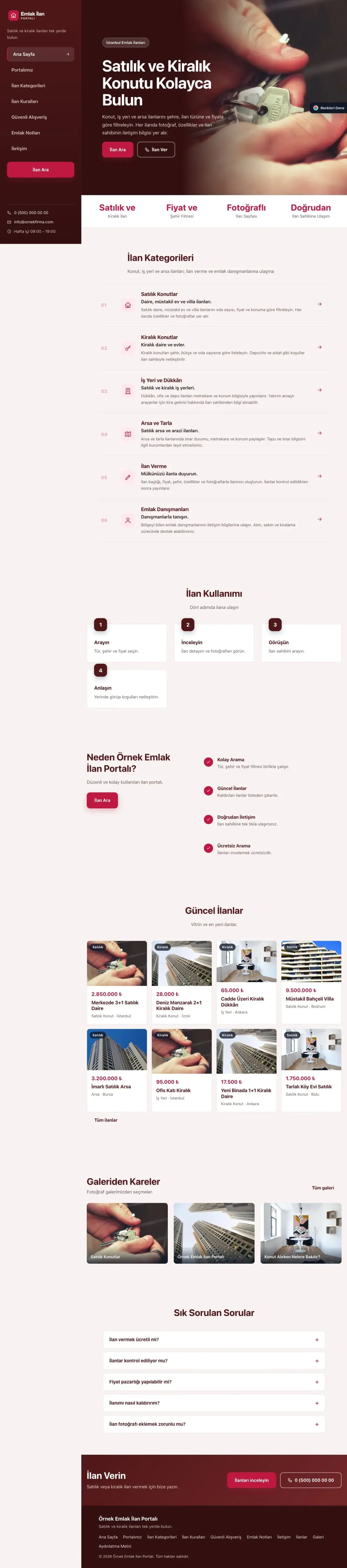 Emlak İlan Portalı için Sol Menü Bordo Kırmızı – Emlak İlan Portalı Web Sitesi ana sayfa görünümü