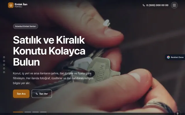 Emlak İlan Portalı için Tam Ekran Mavi Turuncu – Emlak İlan Portalı Web Sitesi ana sayfa görünümü