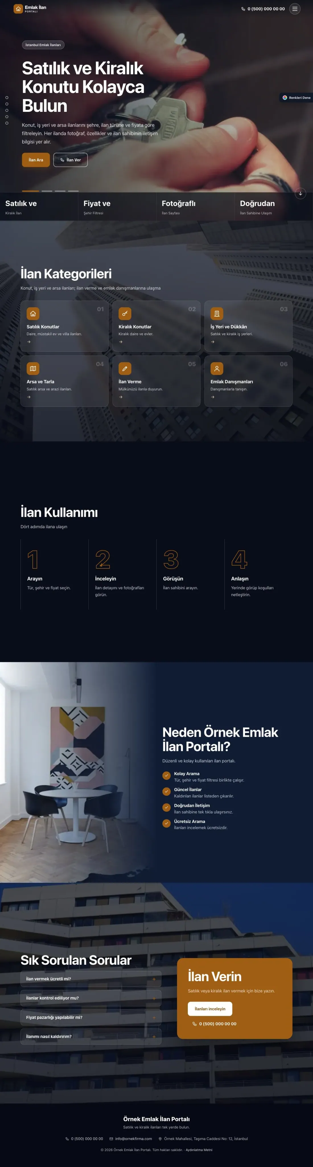Emlak İlan Portalı için Tam Ekran Mavi Turuncu – Emlak İlan Portalı Web Sitesi ana sayfa görünümü