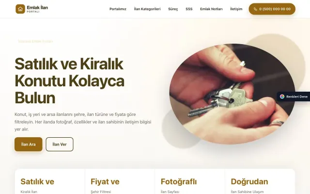 Emlak İlan Portalı için Tek Sayfa Kahve Turuncu – Emlak İlan Portalı Web Sitesi ana sayfa görünümü