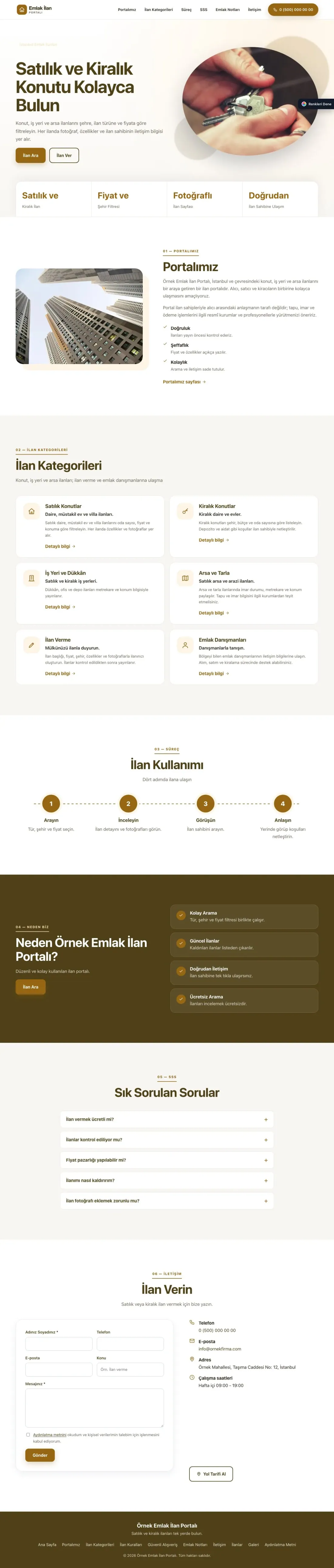 Emlak İlan Portalı için Tek Sayfa Kahve Turuncu – Emlak İlan Portalı Web Sitesi ana sayfa görünümü