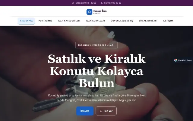 Emlak İlan Portalı için Zigzag Mor Mavi – Emlak İlan Portalı Web Sitesi ana sayfa görünümü