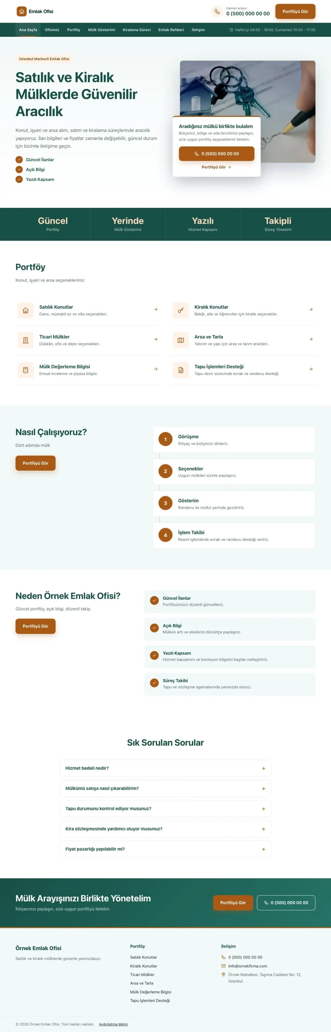 Bölünmüş Petrol Turuncu – Emlak Ofisi Web Sitesi ana sayfa görünümü