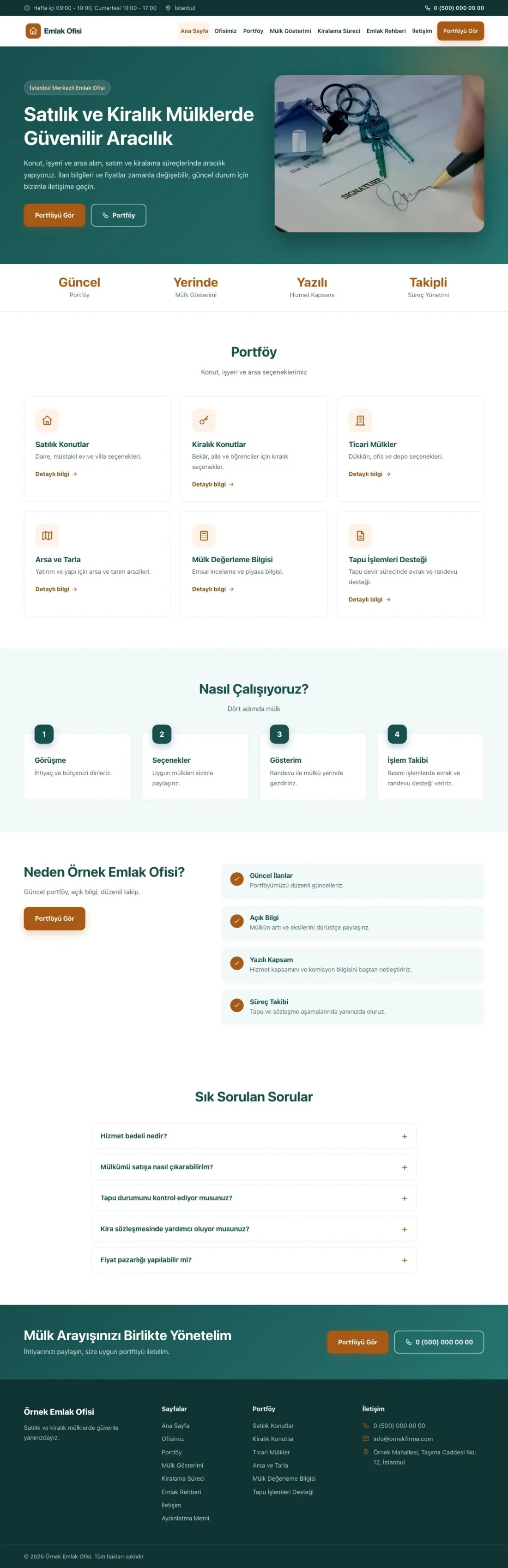 Klasik Petrol Turuncu – Emlak Ofisi Web Sitesi ana sayfa görünümü
