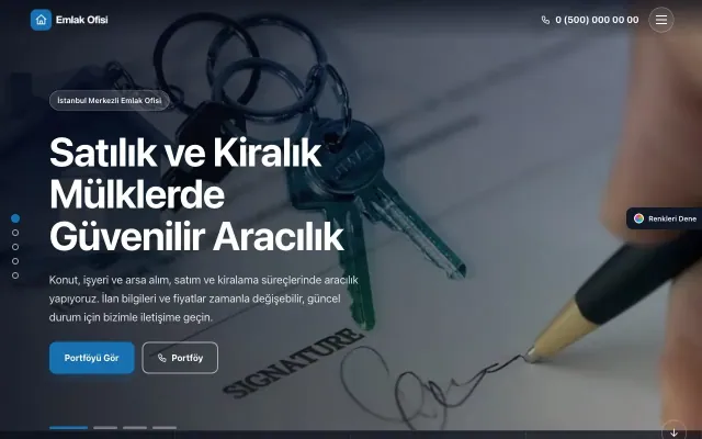 Emlak Ofisi için Tam Ekran Bordo Mavi – Emlak Ofisi Web Sitesi ana sayfa görünümü