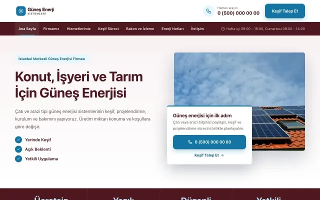 Bölünmüş Bordo Mavi – Enerji ve Güneş Web Sitesi ana sayfa görünümü