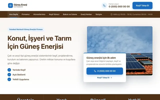 Bölünmüş Kahve Mavi – Enerji ve Güneş Web Sitesi ana sayfa görünümü