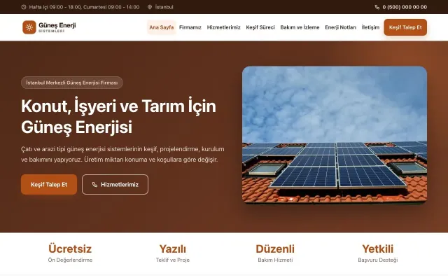 Klasik Kahve Turuncu – Enerji ve Güneş Web Sitesi ana sayfa görünümü