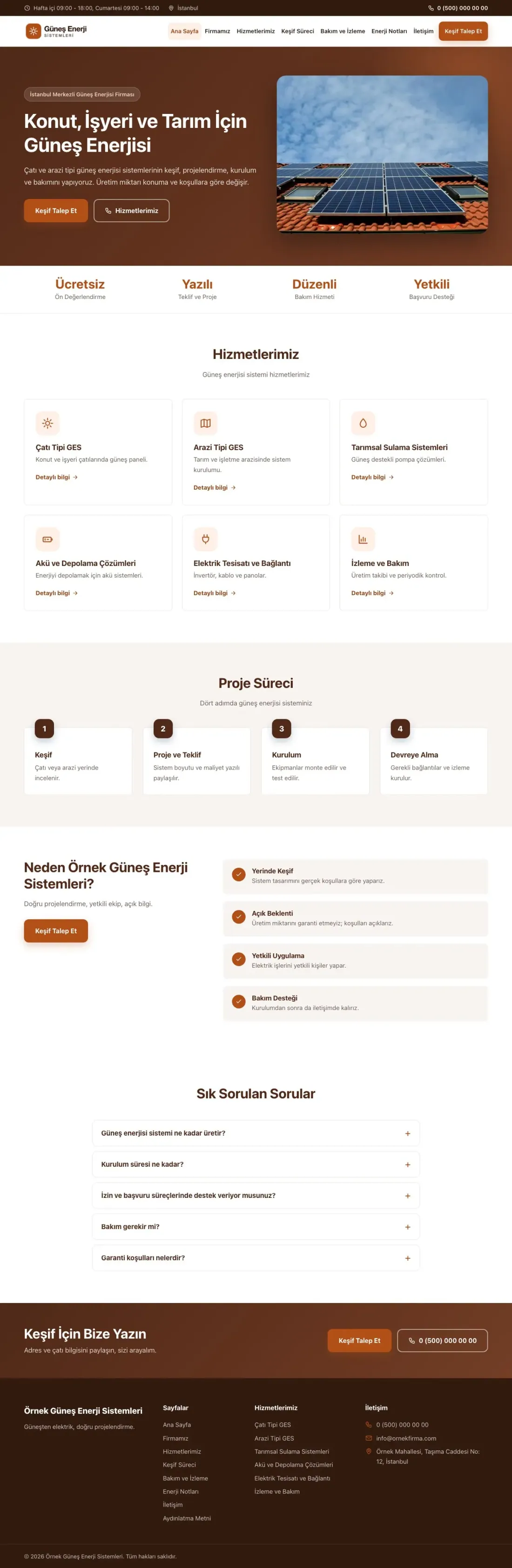 Klasik Kahve Turuncu – Enerji ve Güneş Web Sitesi ana sayfa görünümü