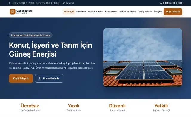 Klasik Mavi Turuncu – Enerji ve Güneş Web Sitesi ana sayfa görünümü