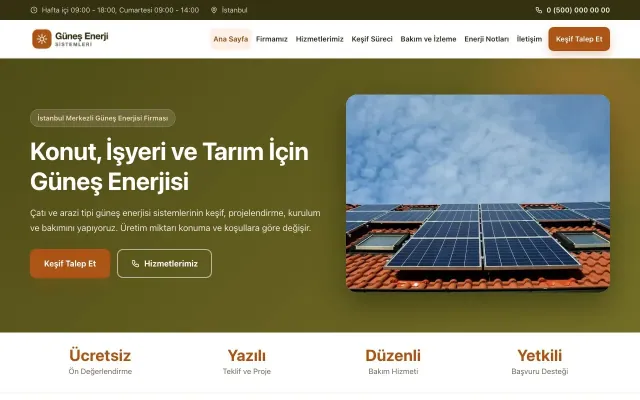 Klasik Zeytin Turuncu – Enerji ve Güneş Web Sitesi ana sayfa görünümü
